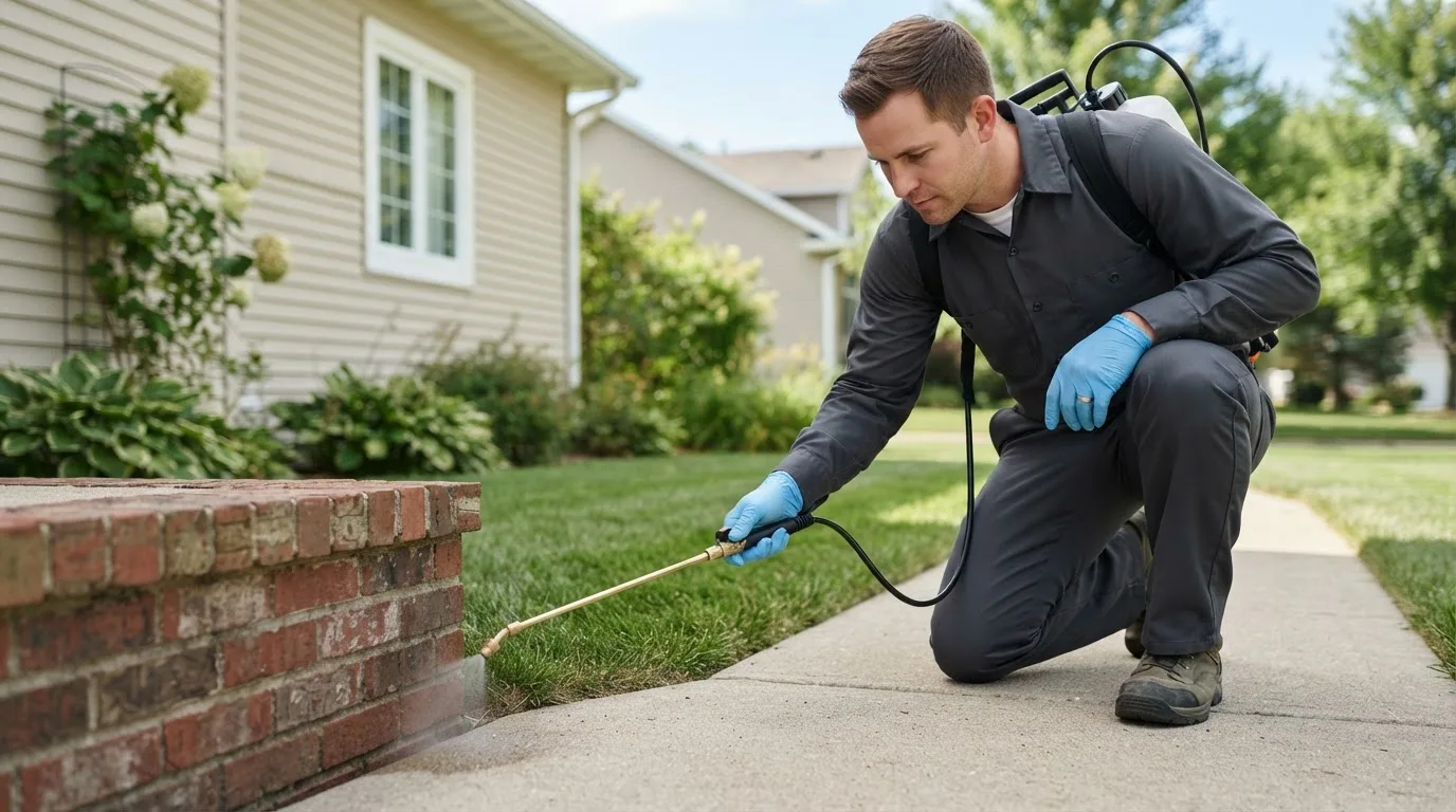 Pest control technician treating a home near Bloomington, IN