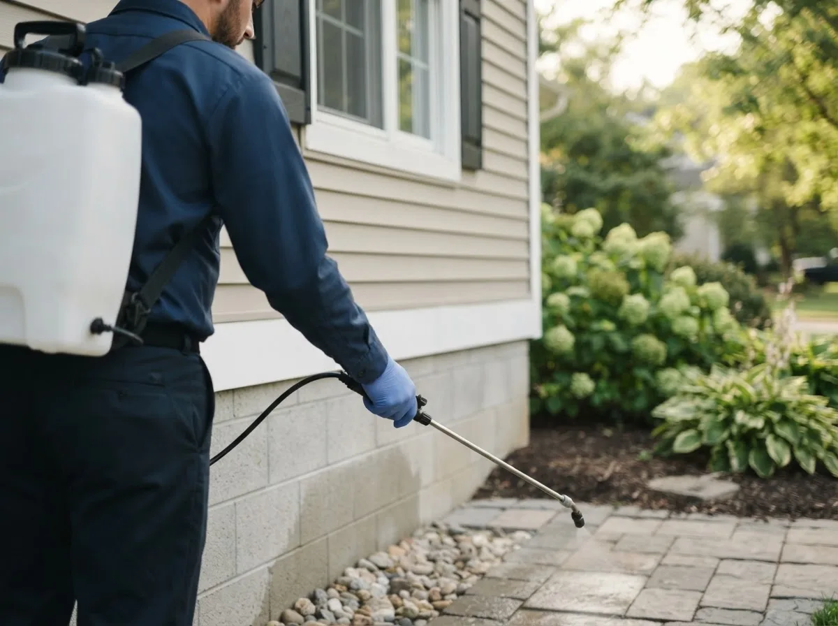 Pest control technician inspecting a home in Bloomington, IN